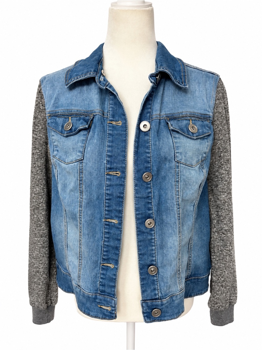 Baccini Denim Jacket Women’s Medium Mixed Knit Sleeves Blue Gray Y2K
